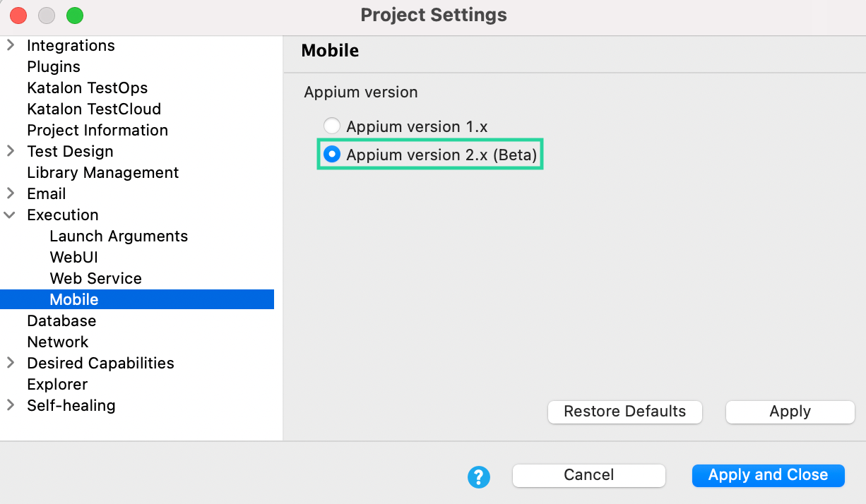 Choose Appium version to test