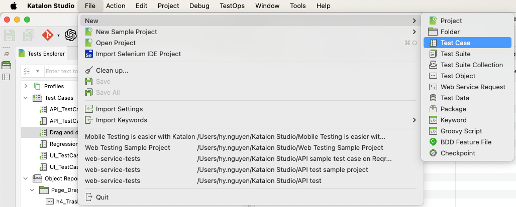 Create a new test case in Katalon Studio to automate the scrolling action