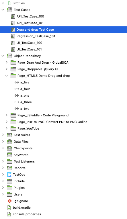 Test cases are stored in Katalon's Object Repository in a hierarchical fashion