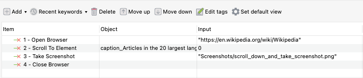 Use built-in keywords in Katalon Studio to create a test case that automates the scrolling action